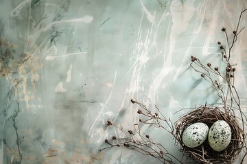 Nest and Bird Eggs Botanical Vintage Style Wall Art with Textured Background shabby style . - obrazy, fototapety, plakaty