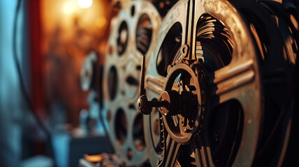 Vintage film projector reels close-up. Cinematography equipment concept. Design for film history poster, movie-making banner. - obrazy, fototapety, plakaty