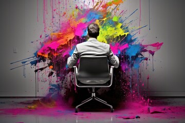 business man in front of colorful rainbow wall creative idea concept