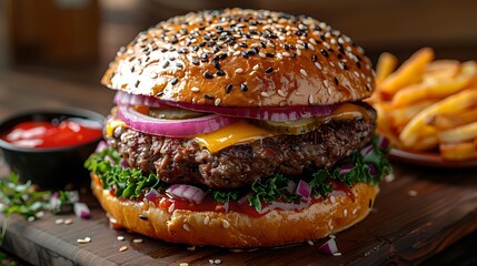 Juicy gourmet double cheeseburger with sesame bun, styled food photo on wooden table. Perfect for restaurant menu designs. AI - obrazy, fototapety, plakaty