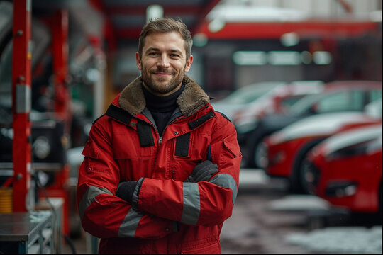 Confident Male Mechanic Standing in Car Service Garage