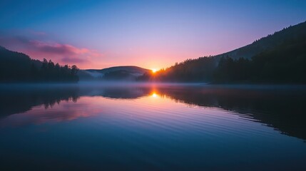 sunrise over the calm mountain lake