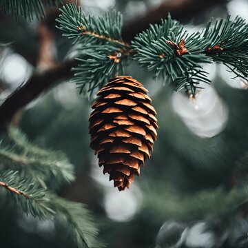 AI generated illustration of a pine cone hanging from tree branch