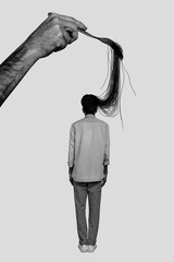 Vertical photo collage of anonym guy stand back hand hold fork macaroni spaghetti lie fake...
