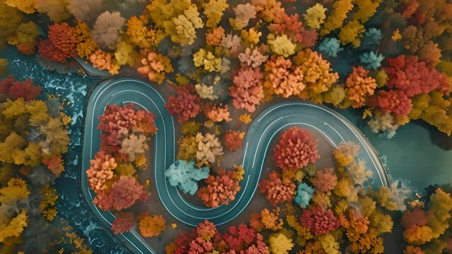 Aerial view of a winding road through a colorful autumn forest