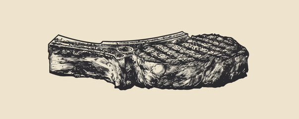Piece of grilled meat engraving. vector simple illustration