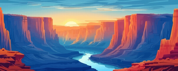 A breathtaking canyon vista with towering rock formations and a winding river below. Vector flat minimalistic isolated illustratio - obrazy, fototapety, plakaty