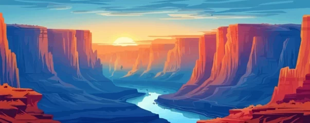 Poster A breathtaking canyon vista with towering rock formations and a winding river below. Vector flat minimalistic isolated illustratio © Влада Яковенко