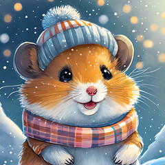 Color drawing portrait of a cute happy hamster dressed in a knitted hat and scarf in winter. - 789196576
