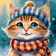 Color drawing portrait of a cute kitty dressed in a knitted hat and scarf in winter. - 789196577