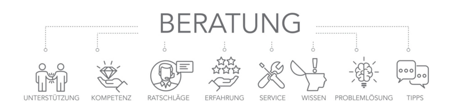 Beratung Konzept - Vektor Illustration mit Symbolen und deutschem Text