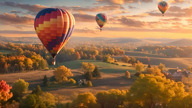 Hot air balloons floating above a landscape painted with fall colors