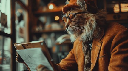 Felidae carnivore cat, with whiskers and fur, sits at table reading newspaper - obrazy, fototapety, plakaty