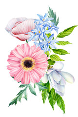 Wildflowers watercolor bouquet. Garden flowers, leaves. Floral pastel hand drawn isolated on white background, clipart