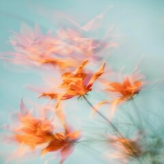 Abstract Orange Flowers Floating in Air with Blue Sky Background Vibrant and Serene Floral Composition with Natural Beauty