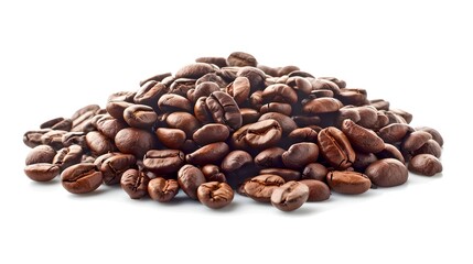 Naklejka premium Aromatic Coffee Beans Heap Isolated on White Background. Perfect for Breakfast Advertisement, Food Blogs. Close-Up View. AI