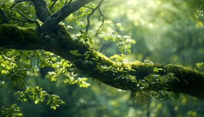 Fototapeta premium A dense green tree forest, where the tree branches are thickly covered with lush moss, offers a mysterious and natural ambiance, perfect for explorations and nature photography.
