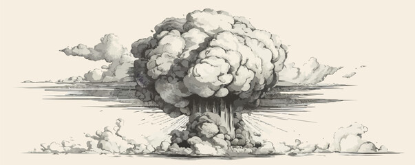 Nuclear explosion hand drawn engraving style sketch Vector illustration.