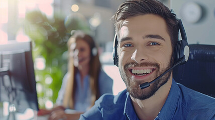 Smiling man call center operator with headset and female agent working in the background at office - obrazy, fototapety, plakaty