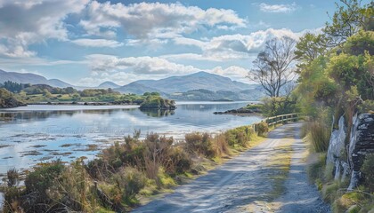 Scenic view of Kenmare Bay from the walkway, showcasing calm waters and lush green landscapes under a clear sky.