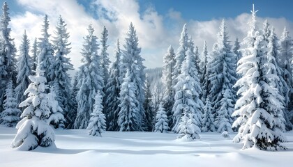  A serene winter scene of snow-covered pine trees, capturing the quiet beauty of a snowy landscape under a crisp blue sky.