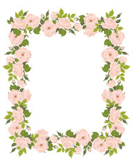 Romantic floral vertical frame, elegant pastel pink flowers, buds and green leaves. A wreath of summer flowers for a wedding invitation in Provence style. Vector flat illustration.