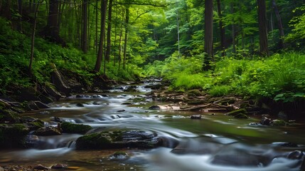 Obraz premium A tranquil mountain brook meandering through verdant woods, creating a serene and picturesque natural landscape.