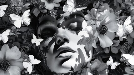 Timeless womans face in monochrome, blending seamlessly into a floral and butterfly explosion, abstract touch