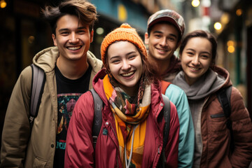 Smiling young friends in outerwear on street - obrazy, fototapety, plakaty