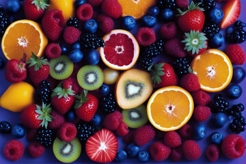 Fototapeta na wymiar Assortment of healthy raw fruits and berries platter background