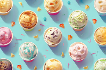 Fototapeta na wymiar Various colorful ice cream in cup pattern for background 