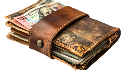 Wallet with different currencies isolated on transparent background, PNG, Ai