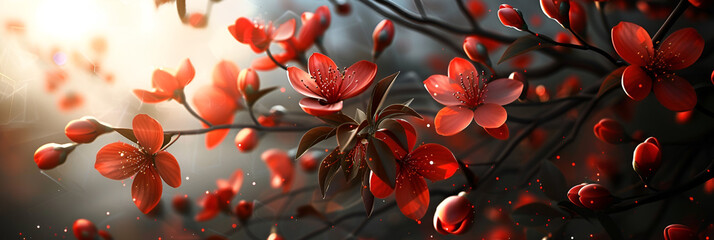  Mystical red Flower Tree Crimson Glowing Blossoms on Branch on dark background - obrazy, fototapety, plakaty