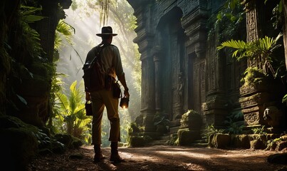 the man is walking through the jungle in front of some ruins. Generative AI.