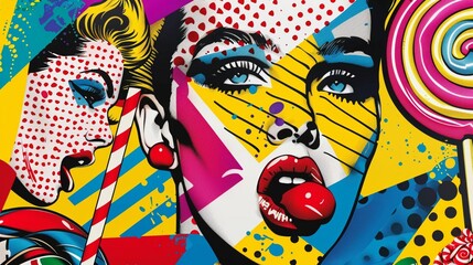 Dynamic pop art jigsaw, featuring bold lollipop, mixed graphic elements, and comic faces