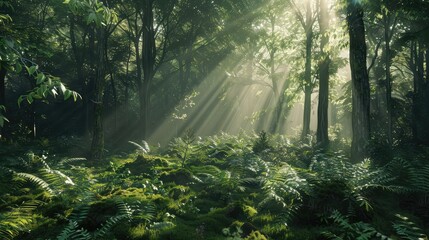 Sunlight streaming through a dense forest, illuminating a lush carpet of moss and ferns beneath towering trees in a serene woodland scene. 8k, realistic, full ultra HD, high resolution, and cinematic