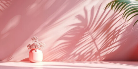  A minimalist pink background with palm leaf shadow, with a white floor and soft lighting for product display presentation.