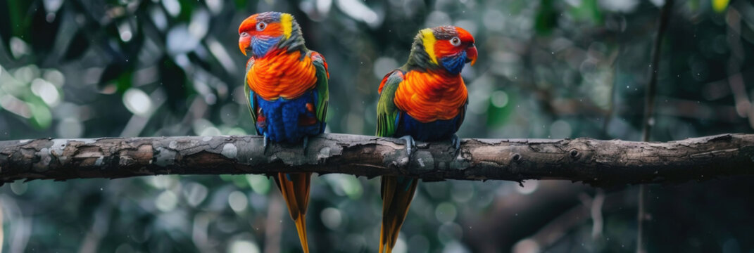Two vibrant rainbow lorikeets sit on a branch, seemingly engaged in a conversation amidst a green backdrop