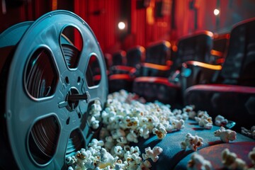 Popcorn and a movie reel sit in a theater with red curtains - obrazy, fototapety, plakaty