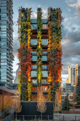 A tall building completely covered in various plants, creating a vibrant vertical garden in the urban landscape