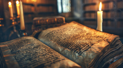 Two open ancient books illuminated by candlelight on a wooden desk with a warm, vintage atmosphere