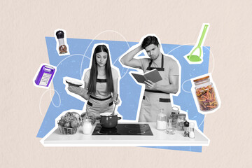 Creative trend collage of cute couple cooking together confused wrong recipe spend time together...