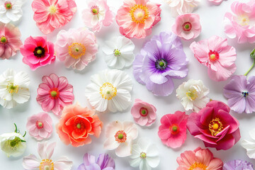 A variety of colorful flowers neatly arranged on white background