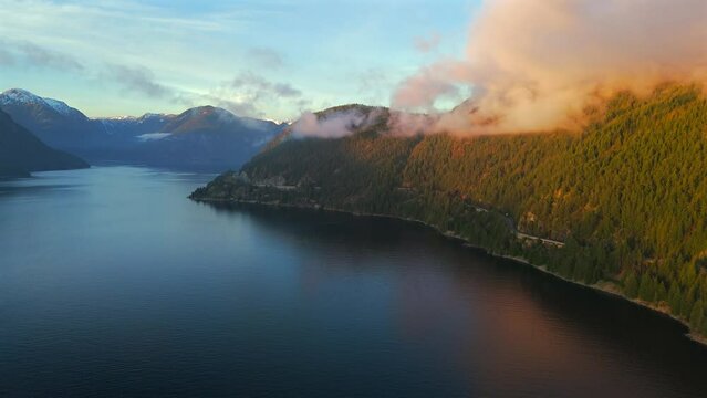 Aerial View on Sea to Sky Highway, Howe Sound and fjords