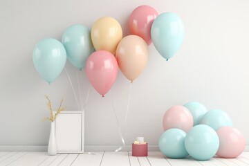 3d render of pastel pink and blue balloons floating in room