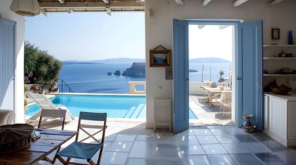 Furnished with white and blue chair There are large open doors overlooks to borderless swimming pool and sea view