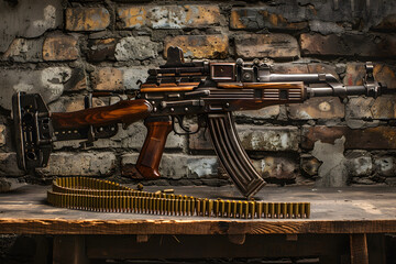Unveiling the Robustness and Craftsmanship of the Iconic PK Machine Gun in a Rustic Setting