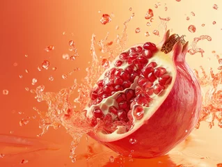Tuinposter Fresh and Juicy Pomegranate Getting Splashed with Water on Vibrant Orange Background © SHOTPRIME STUDIO