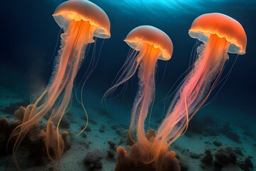Fototapeta na wymiar Bioluminescent jellyfish under the ocean depths underwater marine life glowing sea creatures