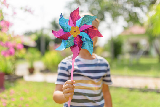 Little boy is playing with pinwheel in a garden